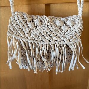 Cream Macramé Crossbody Bag with Fringe in cream